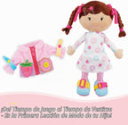 June Garden Dressy Friends Daisy de 15.5 pulgadas, muñeca de peluche educativa para niños y niños pequeños de 2 años en adelante, juguete suave con hebilla Montessori