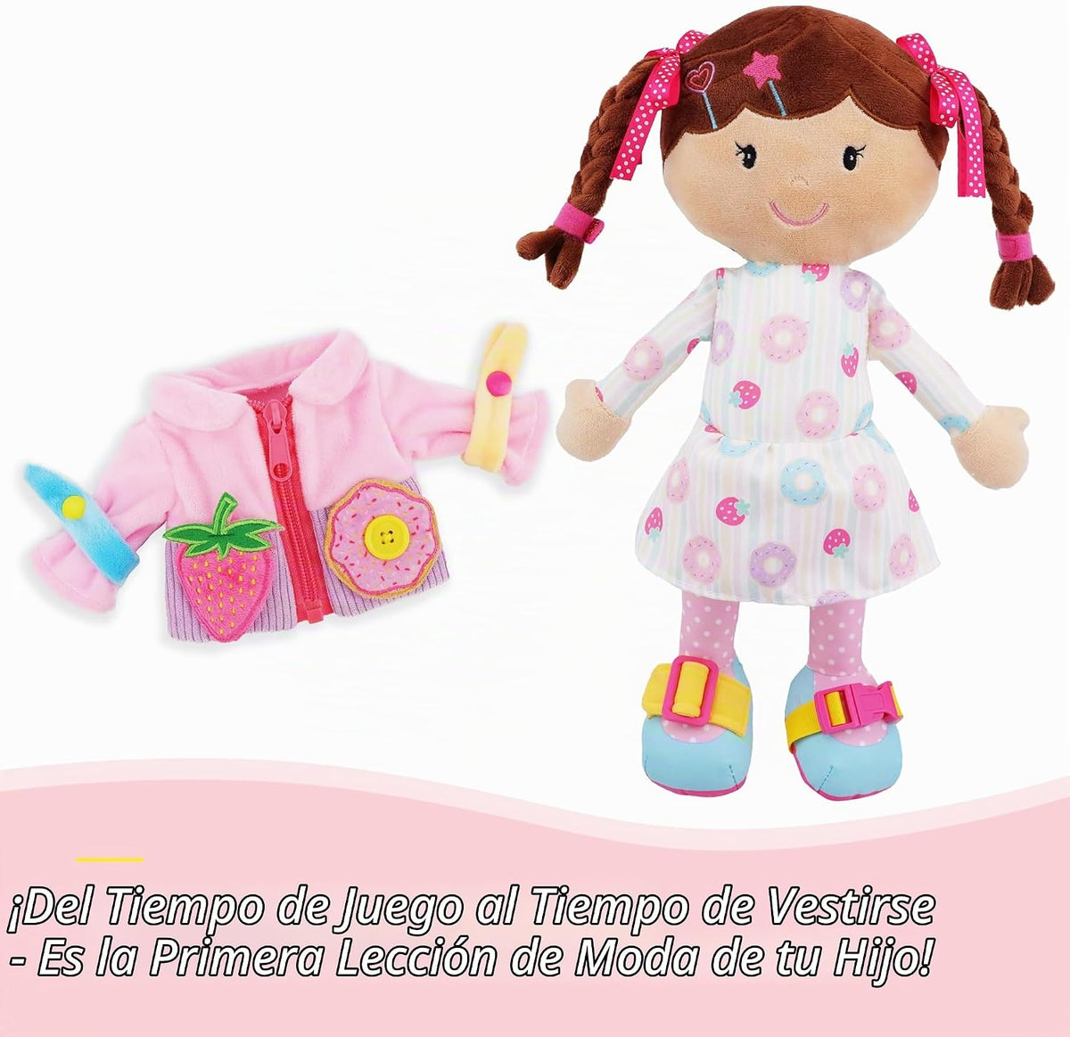 June Garden Dressy Friends Daisy de 15.5 pulgadas, muñeca de peluche educativa para niños y niños pequeños de 2 años en adelante, juguete suave con hebilla Montessori