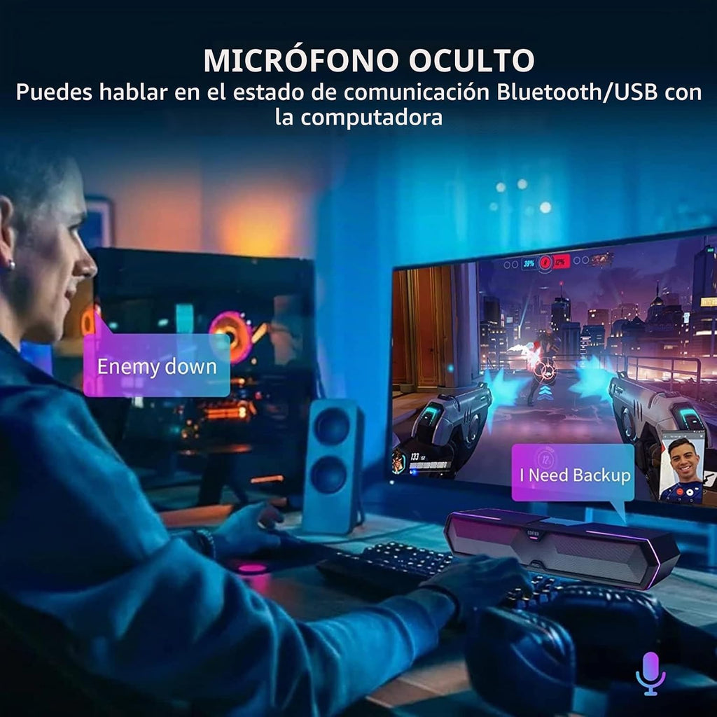 Edifier Barra de sonido de computadora MG300: altavoces fuertes con graves profundos - Interruptor RGB Micrófono incorporado para altavoces de juegos Bluetooth inalámbrico 5.3 y adaptador USB Barra de