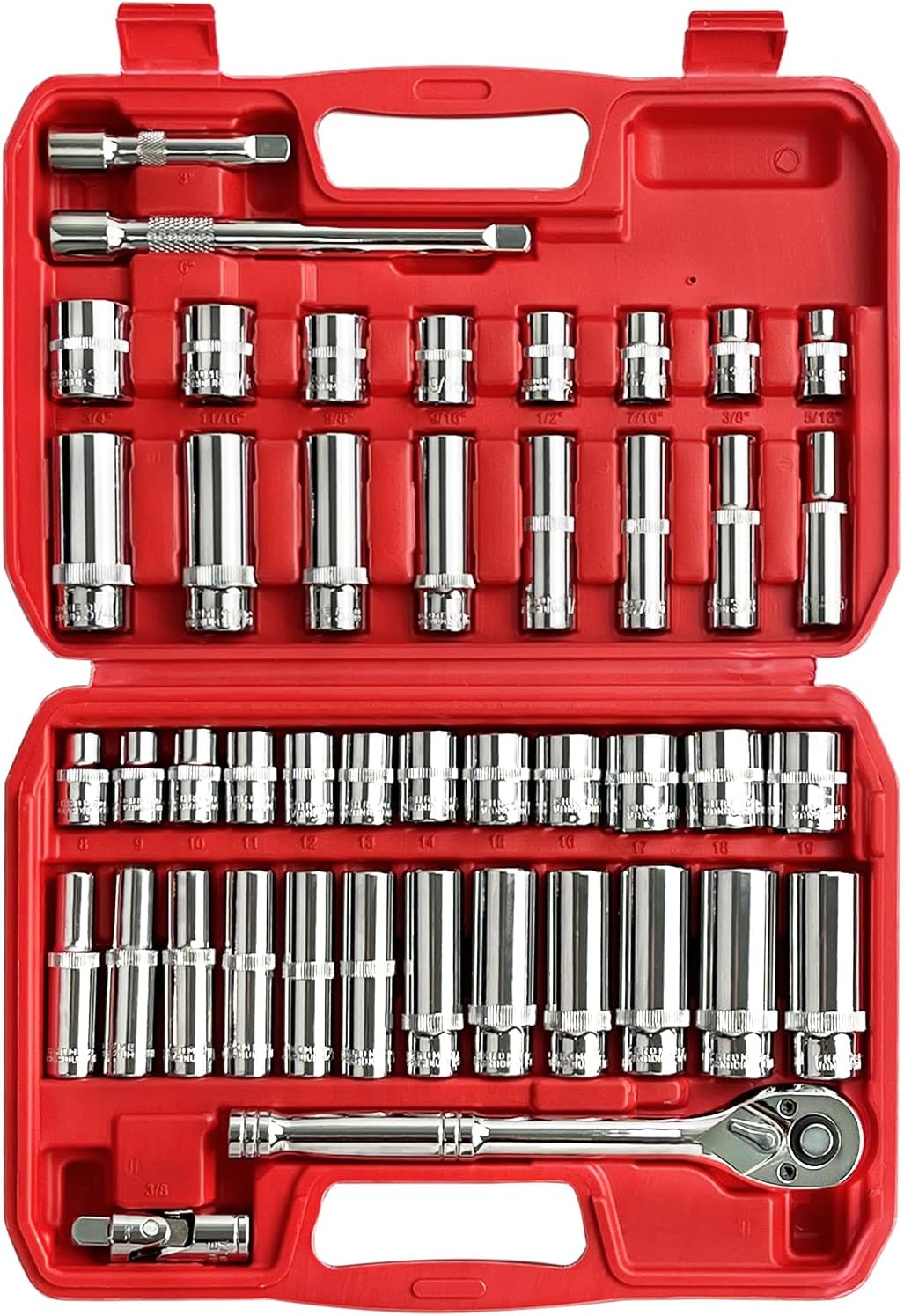 Juego de 44 llaves de vaso de impacto de transmisión de 3/8", Juego de llaves de vaso maestras de transmisión, SAE/métrica, profunda y poco profunda con trinquete de cabeza de transmisión de 3