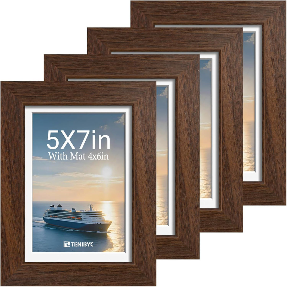 Juego de 4 portarretratos de 5 x 7 pulgadas, de madera maciza marrón, vidrio templado, para fotos de 4 x 6 con paspartú o de 5 x 7 sin decoración de habitación, oficina, galería y pasillo