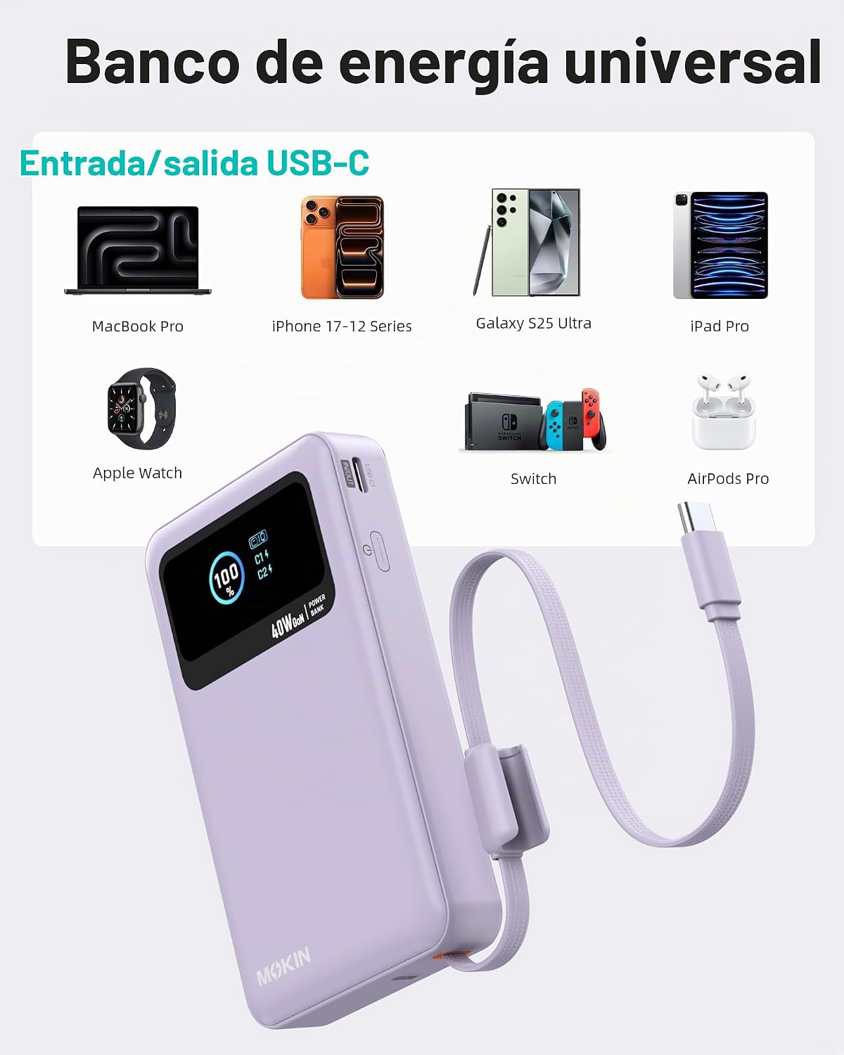 MOKiN Banco de energía 3 en 1, cargador portátil de 10000 mAh 40 W...