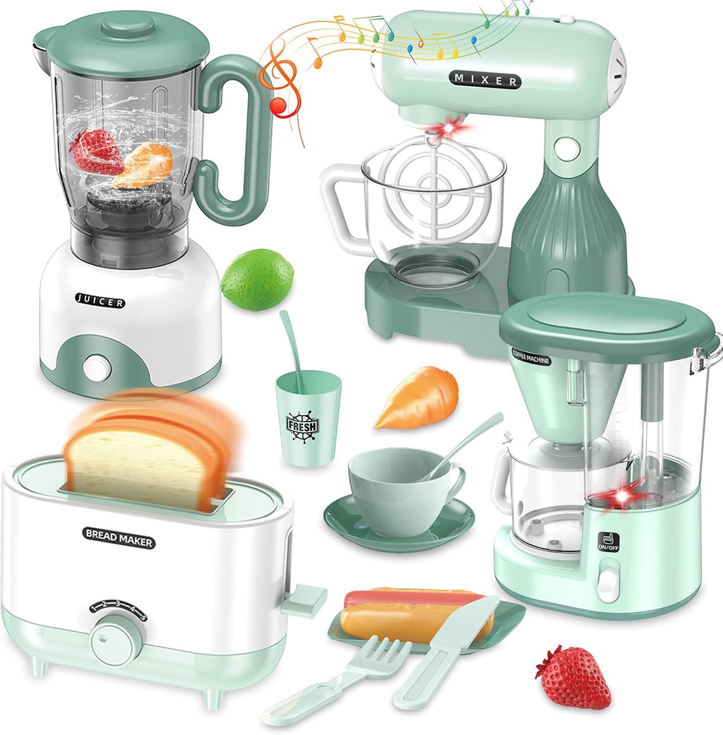 Accesorios para Cocina de Jugar para Niños, Juego de Electrodomésticos de Cocina de Fantasía con Cafetera, Tostadora, Licuadora, Batidora, Juguetes de Cocina con Luz y Sonido, Sets de Cocina para Niños de 3 4 5 6 años