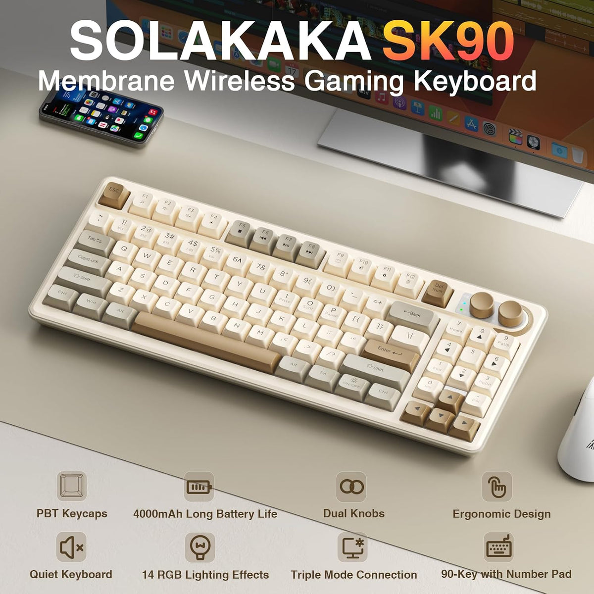 SOLAKAKA SK90 Teclado inalámbrico para juegos al 75% con perilla mu...