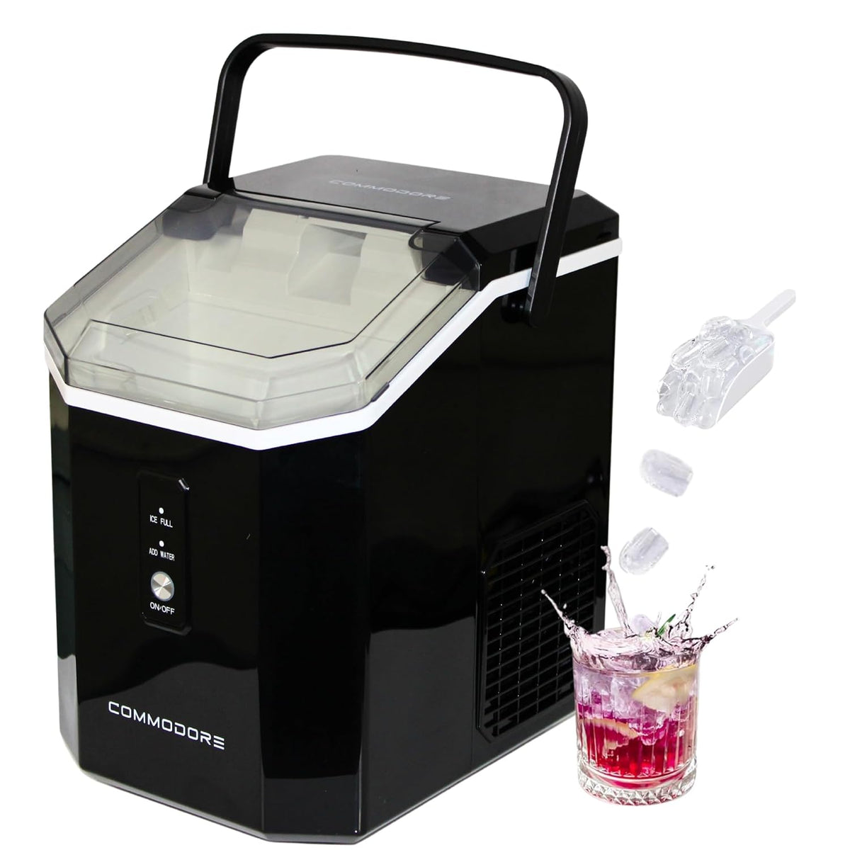 COMMODORE Nugget - Máquina de hielo para encimera, 36 libras/día, alta capacidad de almacenamiento, compacta y portátil con asa de transporte, modo de autolimpieza, silenciosa, fácil drenaje