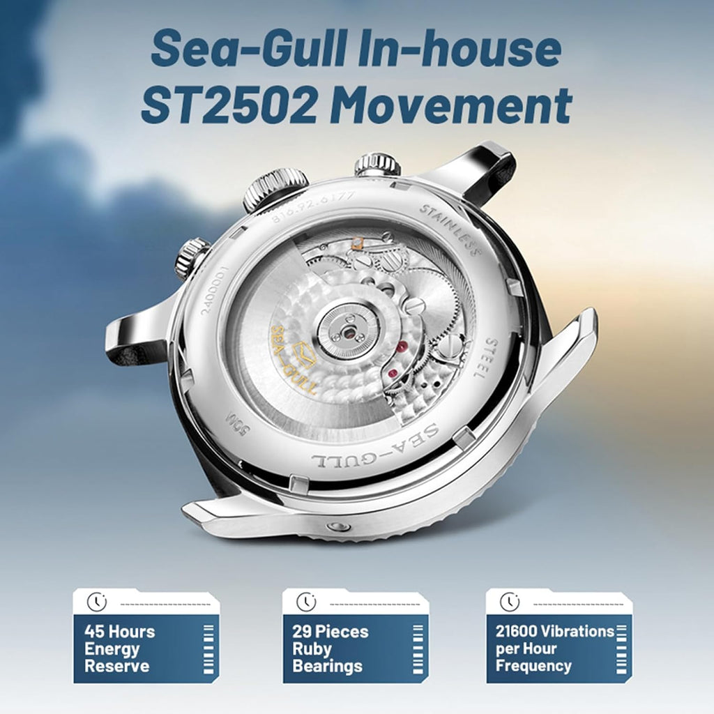 SEA-GULL Relojes mecánicos para hombre, GMT con calendario dual, diseño ojo de panda, reloj de pulsera automático, Seagull ST2502, taquímetro, luminoso, 6177