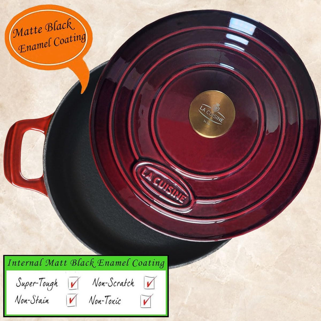 La Cuisine - Sartén de hierro fundido esmaltado, horno holandés poco profundo con perilla dorada para tapa interna esmalte negro mate, 3.75 cuartos de galón de 11 pulgadas de diámetro, apto para horno 550°F/528.8 °F, arándano
