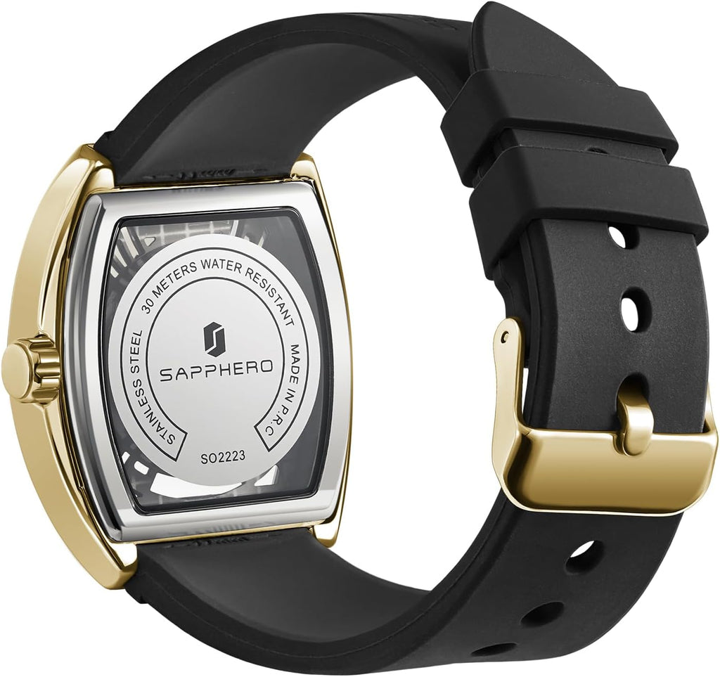 SAPPHERO Reloj para hombre, esfera de esqueleto Tonneau, caja de acero inoxidable, movimiento de cuarzo japonés, correa de silicona, reloj de pulsera deportivo y de moda, resistente a los 30M, fecha