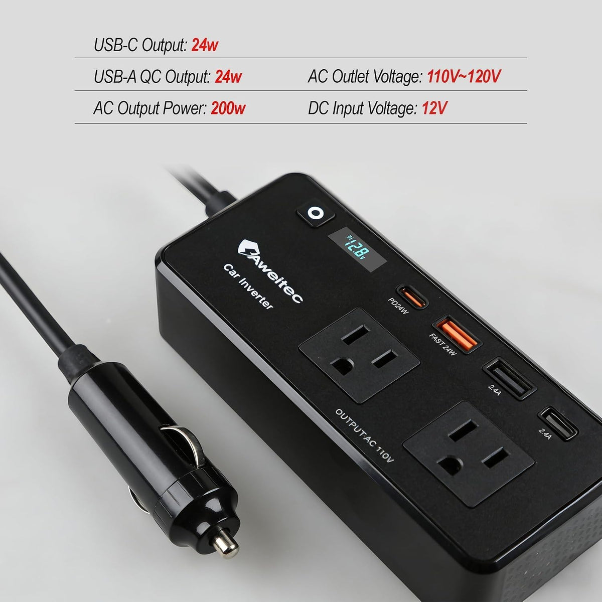 Inversor de coche de 200 W 12 V-110 V convertidor de CA LED USB-C