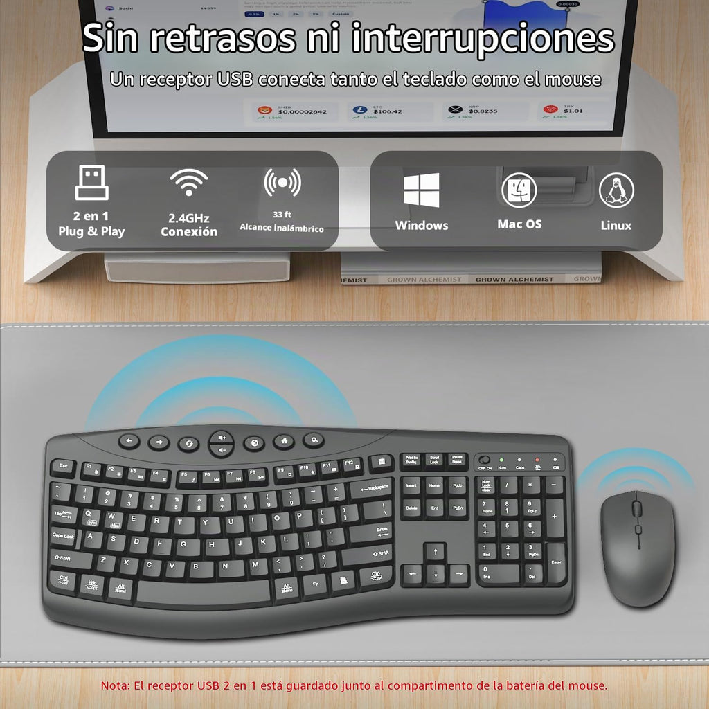 Teclado y Ratón Inalámbricos Combo, Teclas Curvadas Ergonómicas y Silenciosas (Gris Grafito)