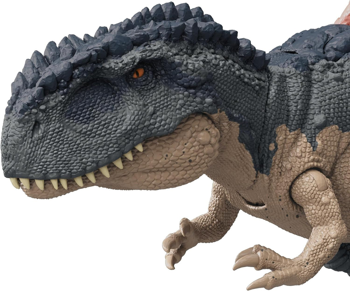 Mattel Jurassic World Figura de acción de rastreadores gigantes, juguete de dinosaurio Mapusaurus con ataque de rabieta de mordida mega, espinas traseras de evolución y juego digital
