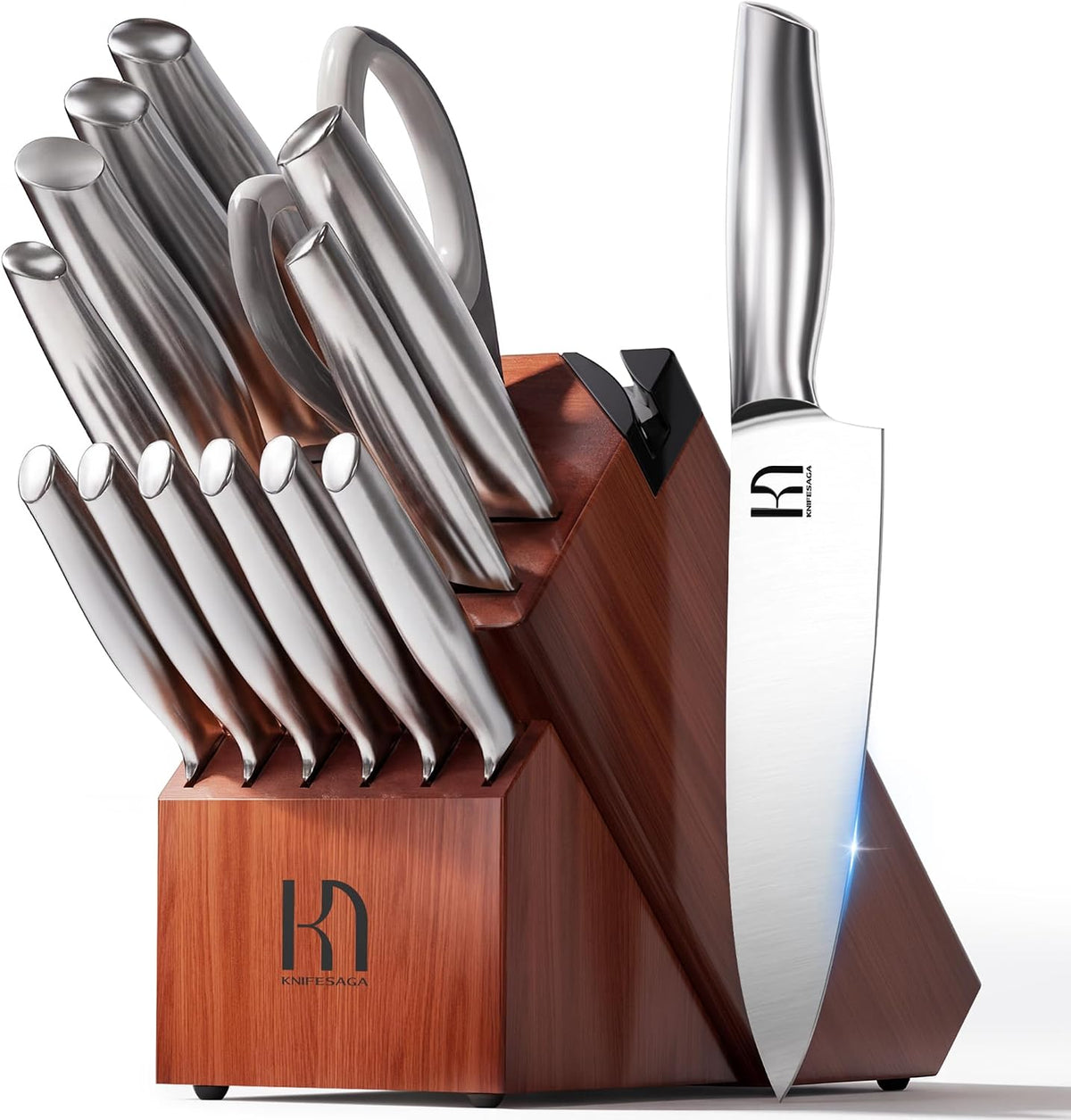 KnifeSaga - Juego de 14 cuchillos con bloque, premium, afilado de afeitar, acero japonés