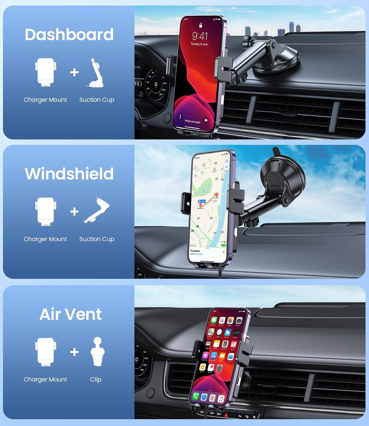 Cargador Inalámbrico para Coche, MOKPR 15W Carga Rápida Soporte de Coche con Sujeción Automática Universal Manos Libres para Salpicadero Parabrisas Rejilla de Ventilación Compatible con iPhone 16 15