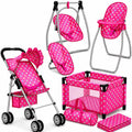Cochecito de muñeca de bebé y juego de guardería de 3 piezas para muñecas de 18 pulgadas - Silla alta convertible, columpio y cama juego de muebles para muñecas con bolsa de pañales - Accesorios de