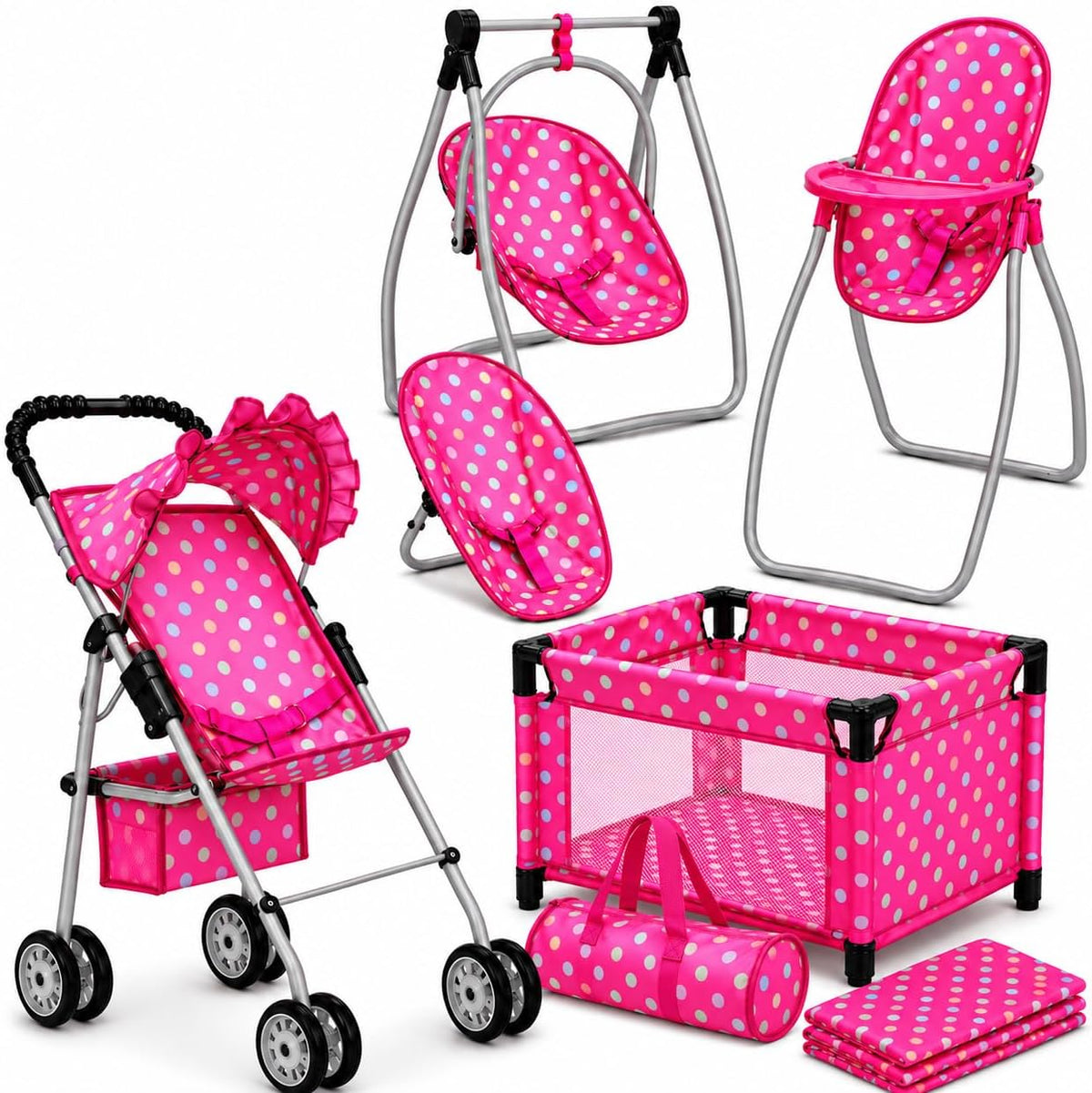 Cochecito de muñeca de bebé y juego de guardería de 3 piezas para muñecas de 18 pulgadas - Silla alta convertible, columpio y cama juego de muebles para muñecas con bolsa de pañales - Accesorios de