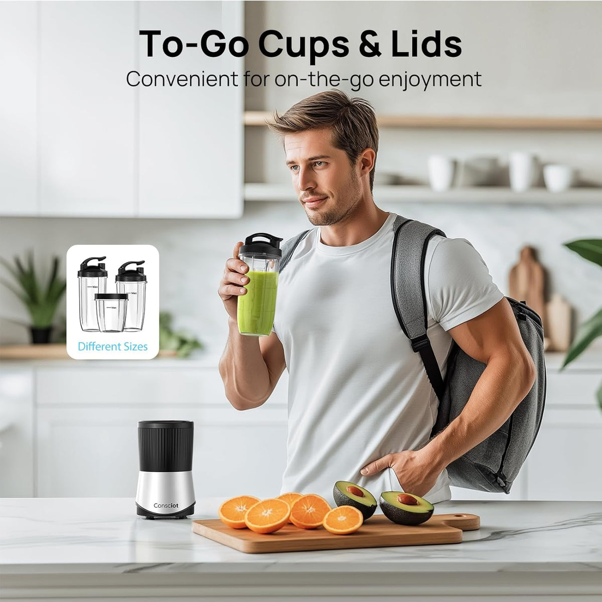 Consciot CB08 - Licuadora de 11 piezas para cocina y tamaño personal, para batidos y licuados, bebidas congeladas, comida para bebé, untables y más, 3 tazas portátiles para llevar y 2 tapas con