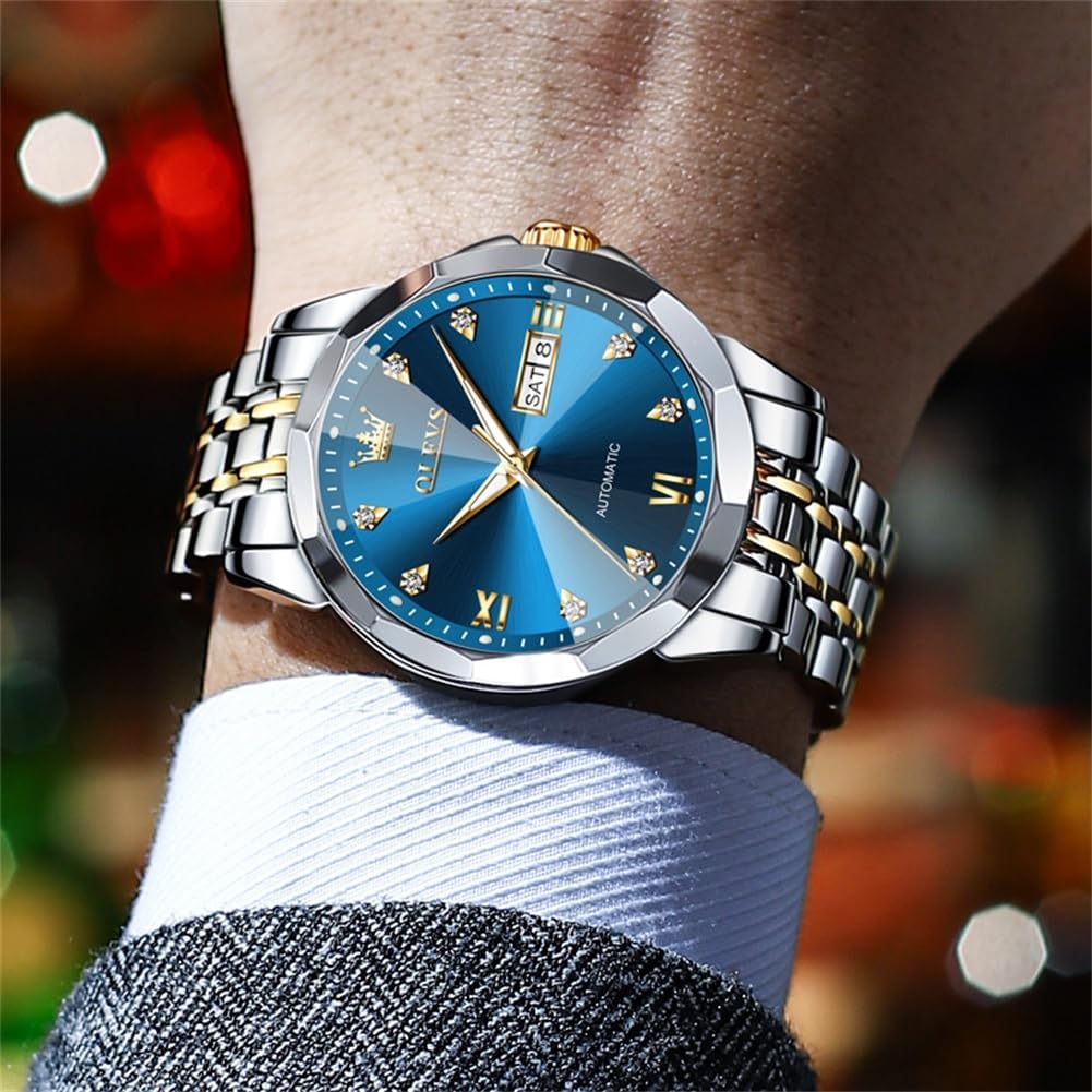 OLEVS Relojes de Hombre Esqueleto Automático Lujo de Negocios Diamante Autoentregado (Self Winding) Reloj de Pulsera de Acero Inoxidable con Calendario