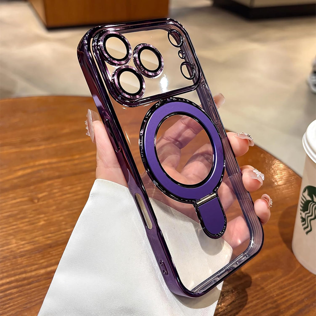 Funda magnética transparente para iPhone 17 Pro Max con soporte, protección completa de la cámara [compatible con Magsafe], funda para iPhone 17 Pro Max de 6.9 pulgadas, color morado