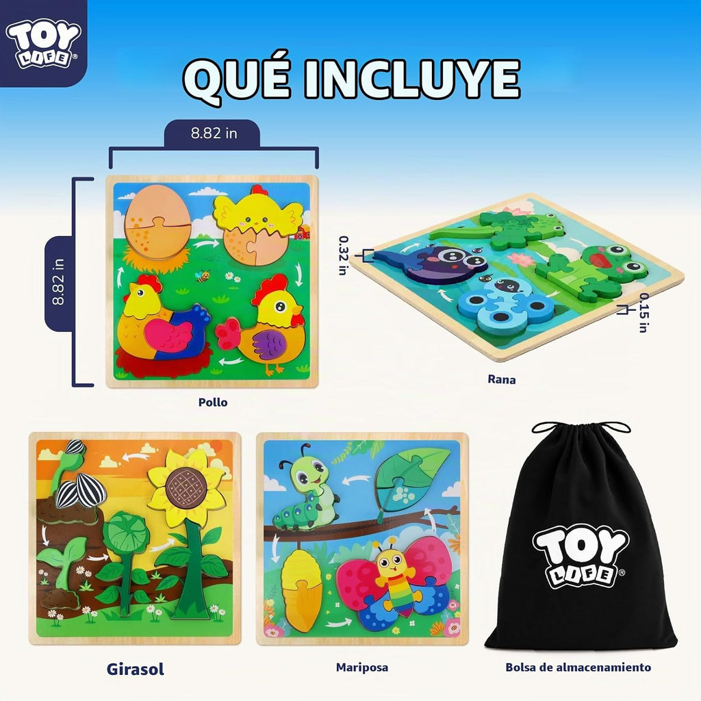 TOY Life Juguetes de ciclo de vida para niños, rompecabezas de madera para niños pequeños de 2 a 4 años, 4 piezas grandes, rompecabezas de animales para niños pequeños de 1 a 3, juguetes Montessori para niños de 1, 2, 3 años, juguete educativo para bebés