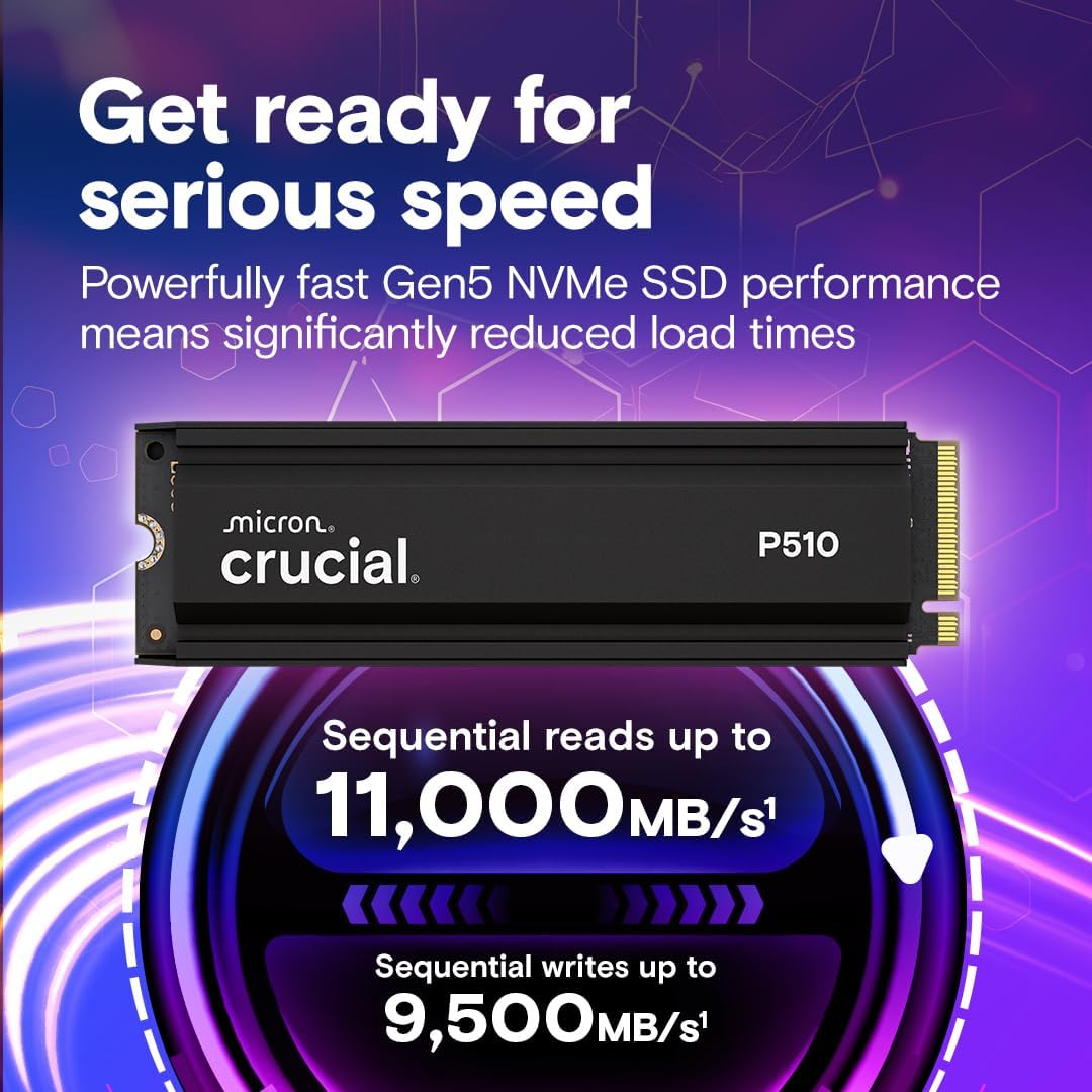 Crucial P510 PCIe Gen5 NVMe 1TB SSD con disipador de calor, hasta 1...