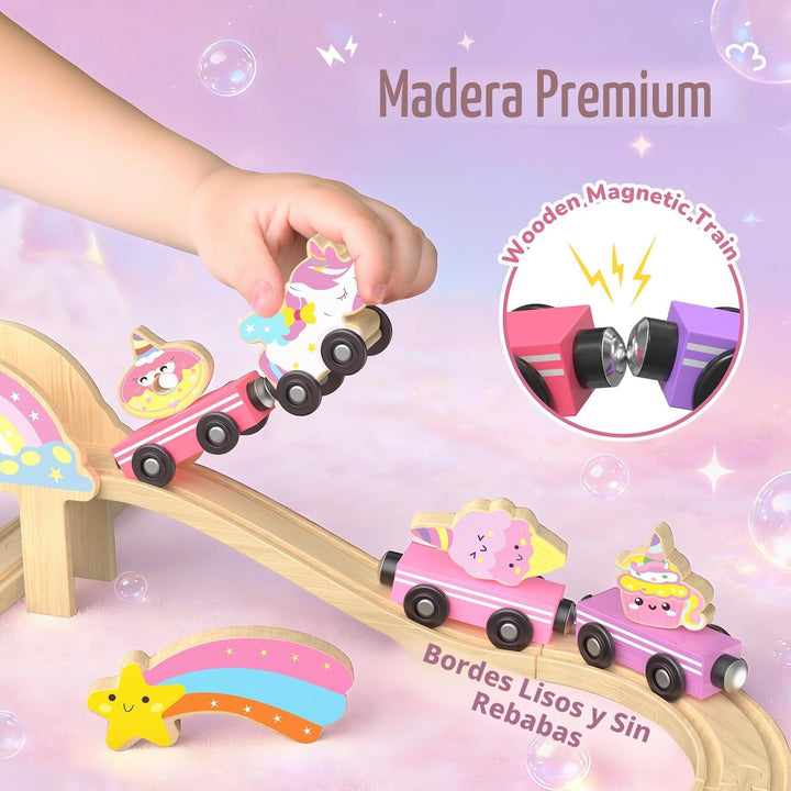 Juego de tren de madera de unicornio para niñas pequeñas de 2 a 4 a...