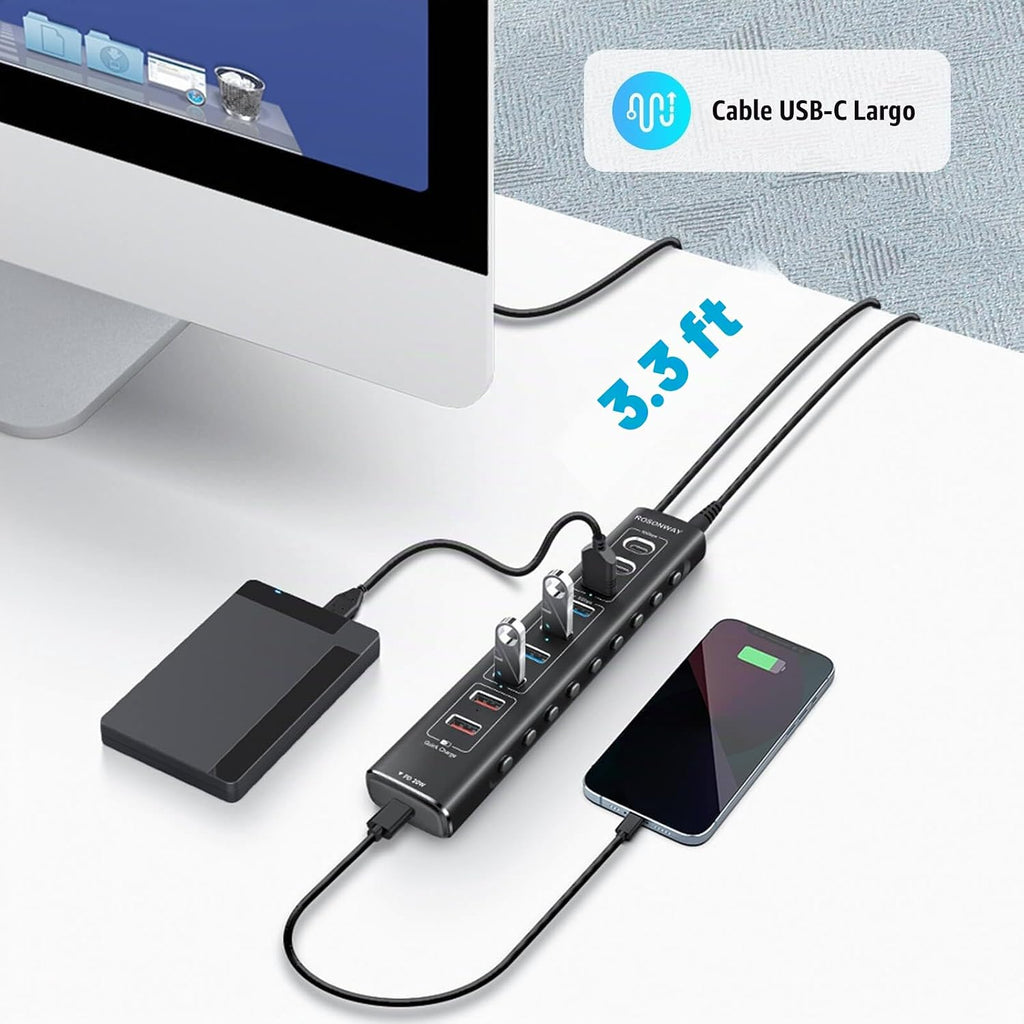 Rosonway, RSH-A10QPD, hub USB 3.2 de 10 puertos