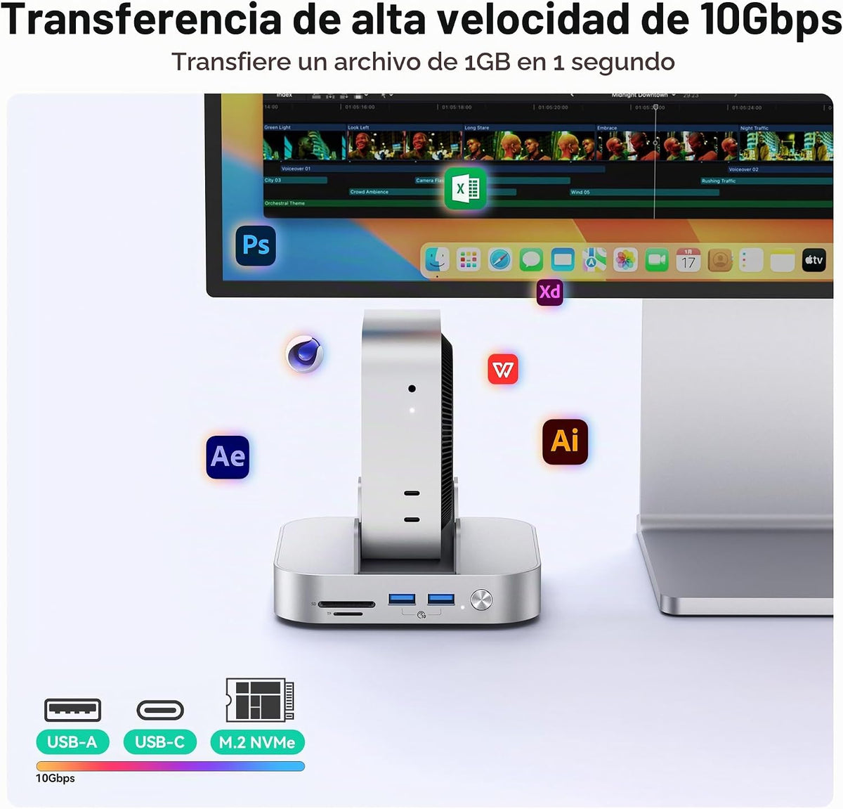 Yottamaster 9 en 1 Mac mini M6/M4 Pro Dock con ventilador de refrigeración