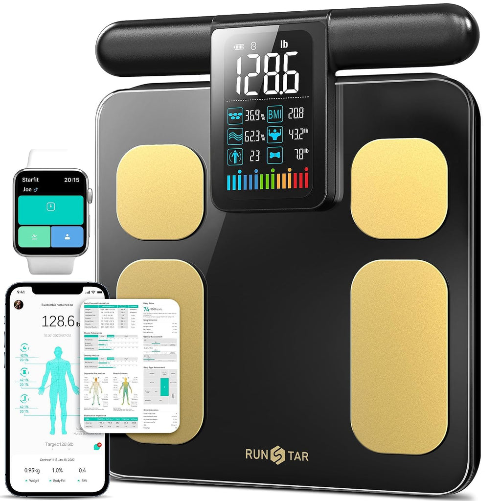 RunStar Báscula de 8 electrodos para peso corporal, mango de pantalla a