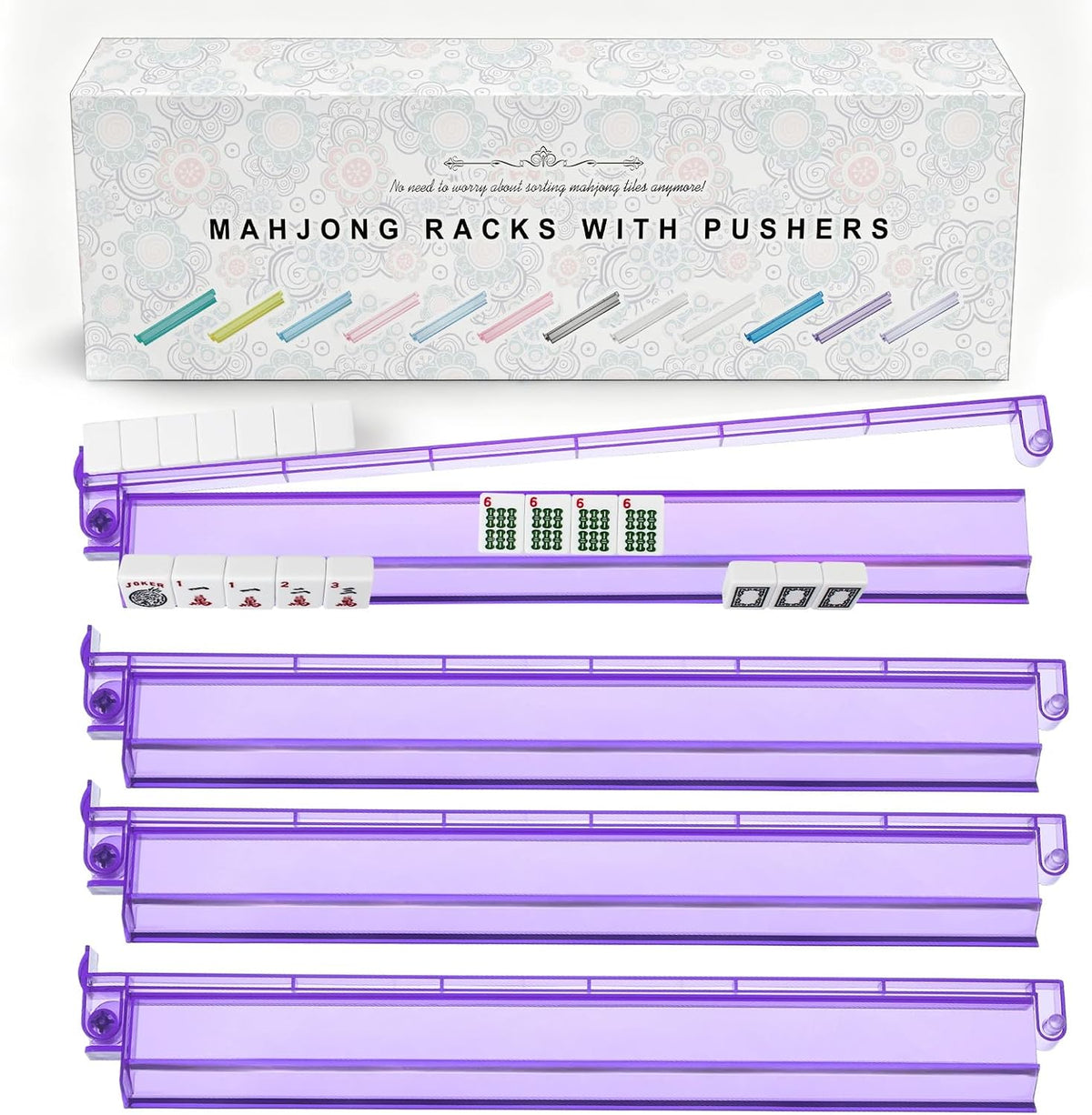Soportes Premium Transparentes para Mahjong con Empujadores, Paquete de 4 Soportes Antideslizantes de Acrílico