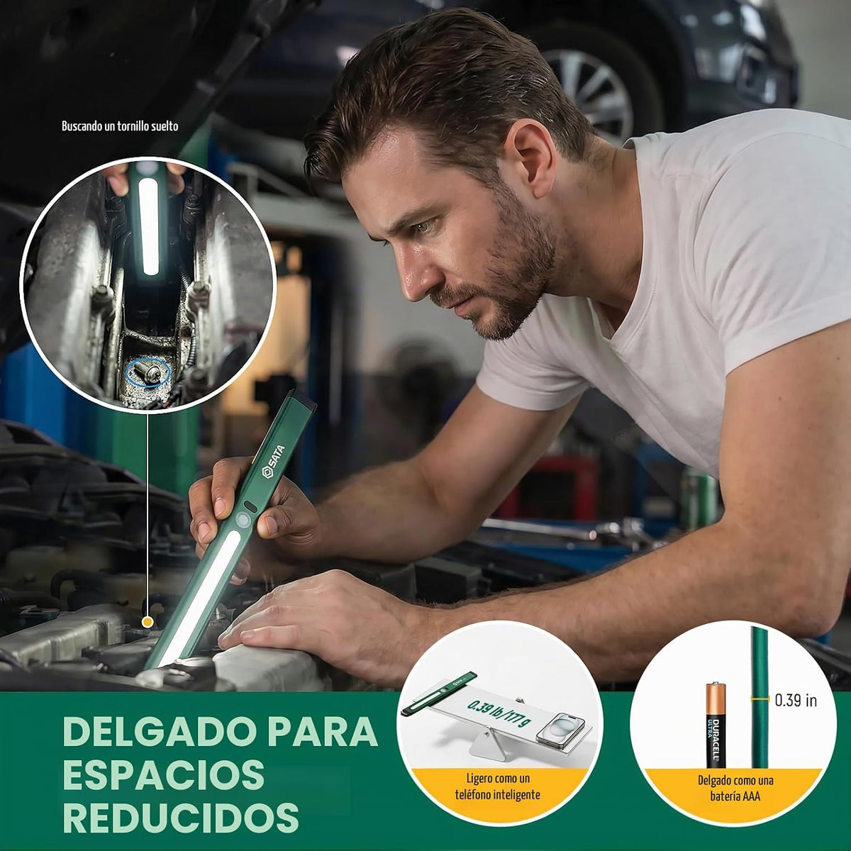 SATA Luz de inspección LED ultradelgada estilo regla con parte trasera magnética, 400LM, 2700mAh, luz de trabajo SMD recargable para debajo del capó, reparación automática, garaje, taller