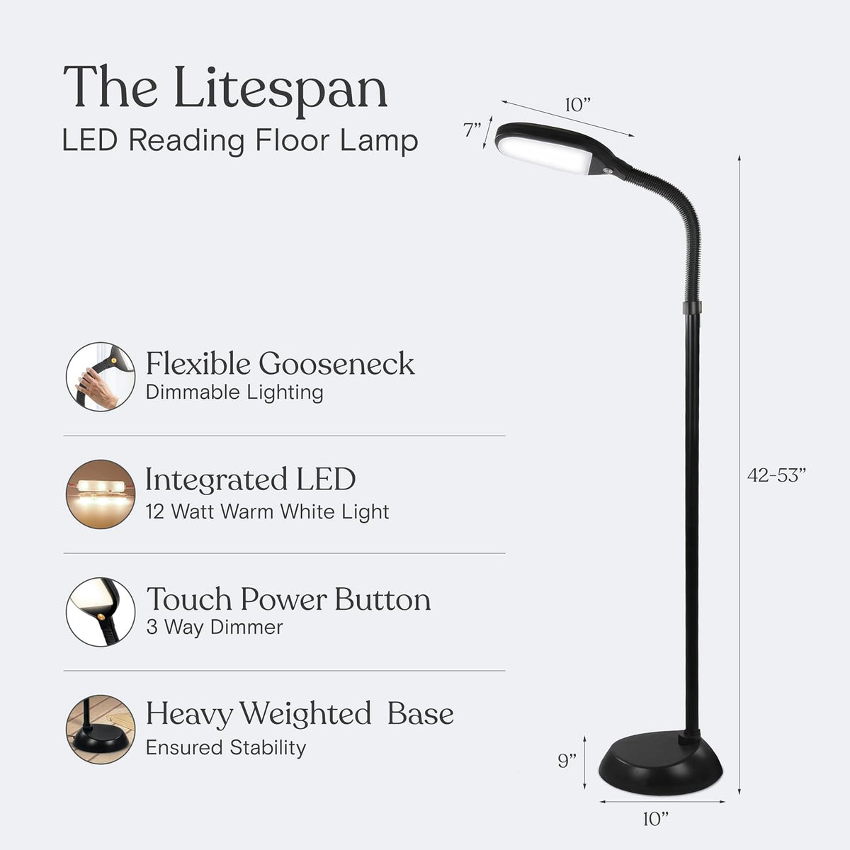 Lámpara Brightech Litespan - Lámpara de pie LED brillante para manualidades y lectura sobre silla, luz esteticista para extensiones de pestañas, lámpara de pie ajustable con cuello de cisne para sala de estar, dormitorio, oficina, color negro