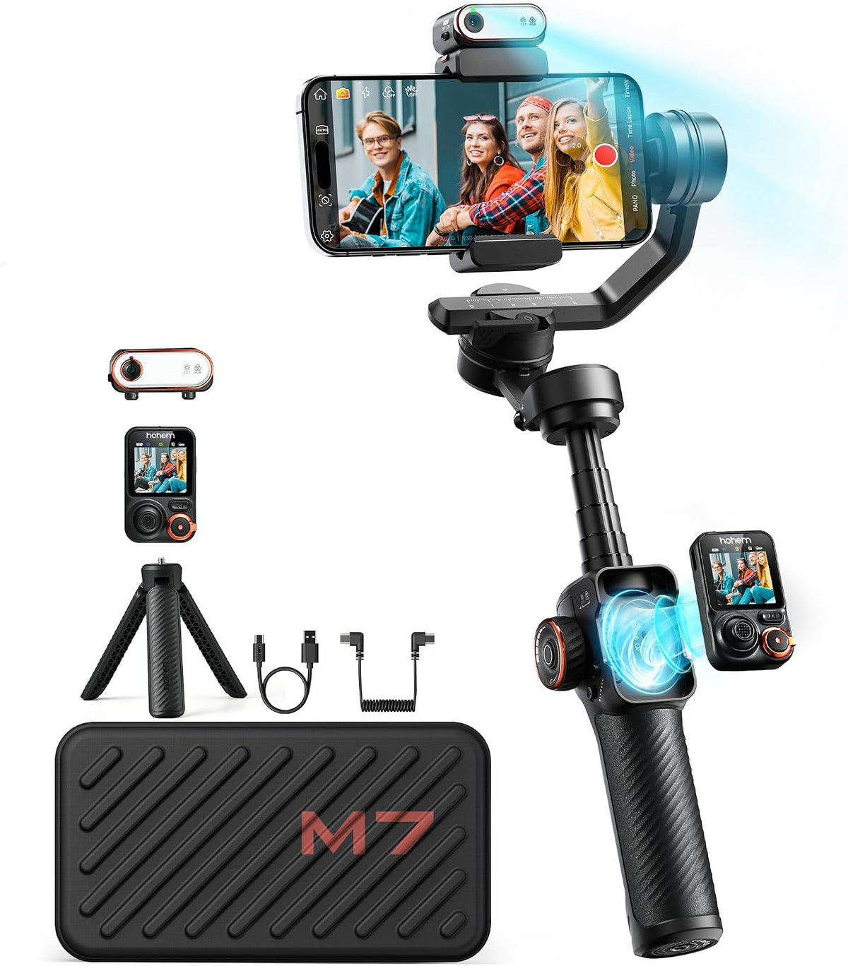 hohem iSteady M7 - Estabilizador de cardán para iPhone, cardán de teléfono con seguimiento AI, control remoto de pantalla táctil desmontable de 1.4 pulgadas, barra de extensión integrada, luz de