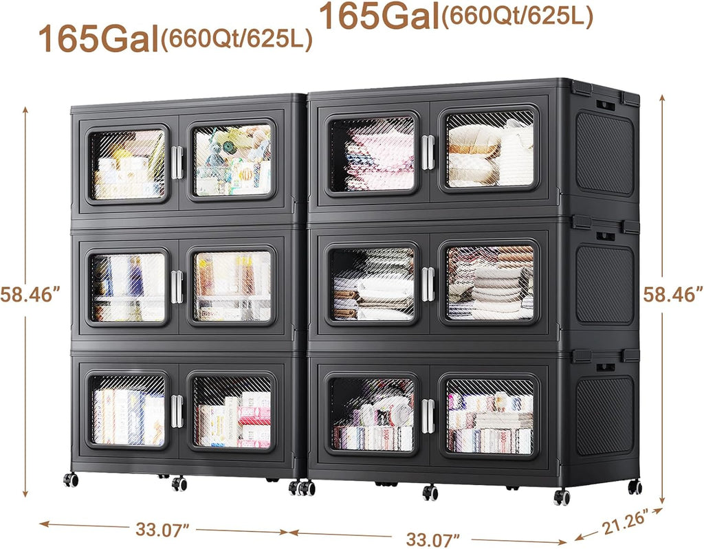 BROVIEW Contenedores de almacenamiento de 330 galones, caja de almacenamiento apilable extra grande de 1320 cuartos de galón con tapas y ruedas, armarios de plástico plegables resistentes, puerta