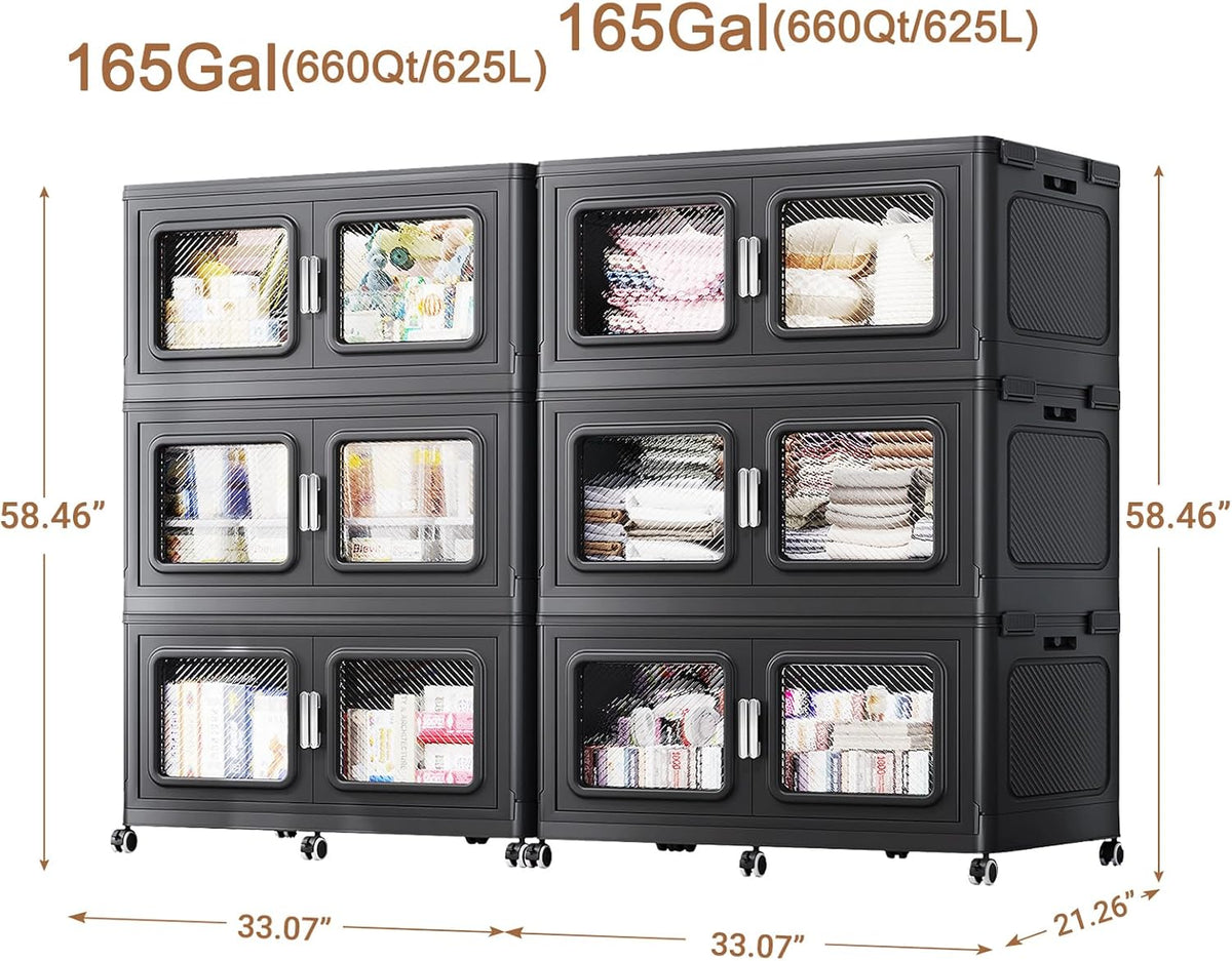 BROVIEW Contenedores de almacenamiento de 330 galones, caja de almacenamiento apilable extra grande de 1320 cuartos de galón con tapas y ruedas, armarios de plástico plegables resistentes, puerta