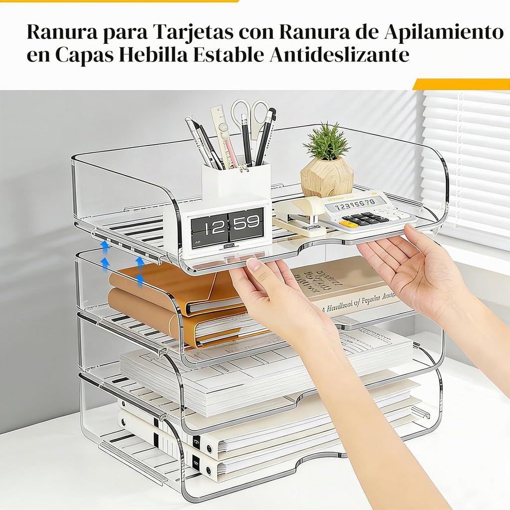 Organizador de escritorio de oficina transparente para papel de letras A4, horizontal de 4 niveles