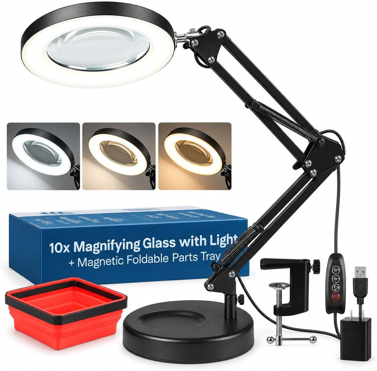 Lámpara 10X - Lupa de escritorio con luz, lupa iluminada con soporte, luz de aumento, 5 modos de color, 2 opciones de montaje, cable USB, adaptador y bandeja magnética, color negro