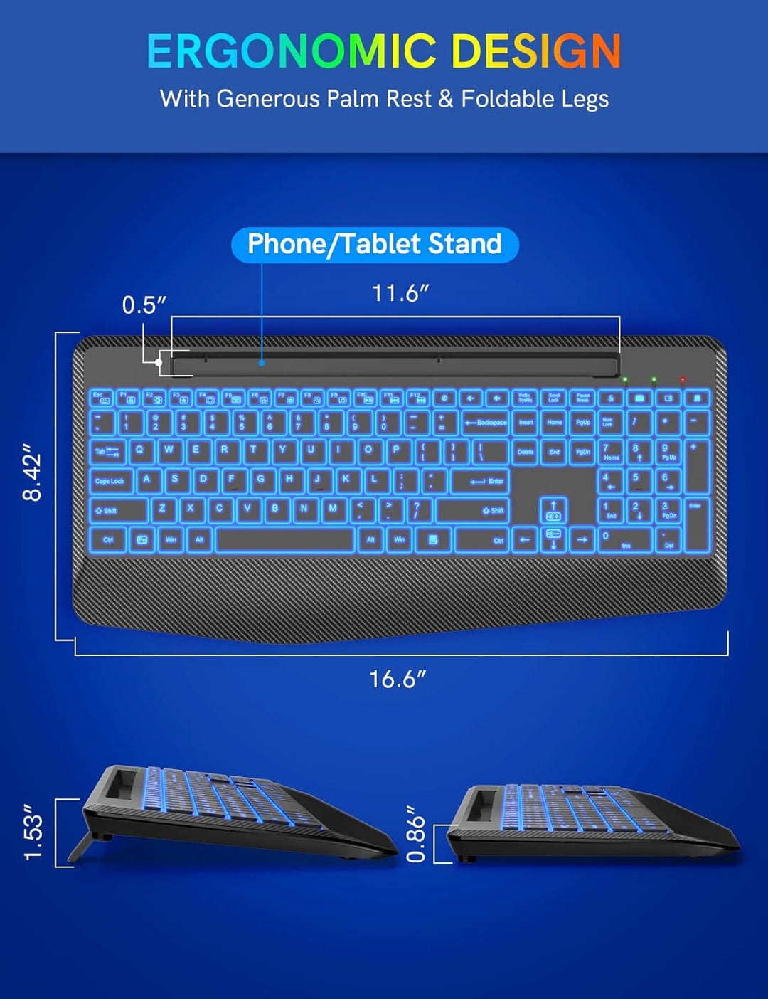Teclado inalámbrico con 7 retroiluminaciones de colores, reposamuñe...
