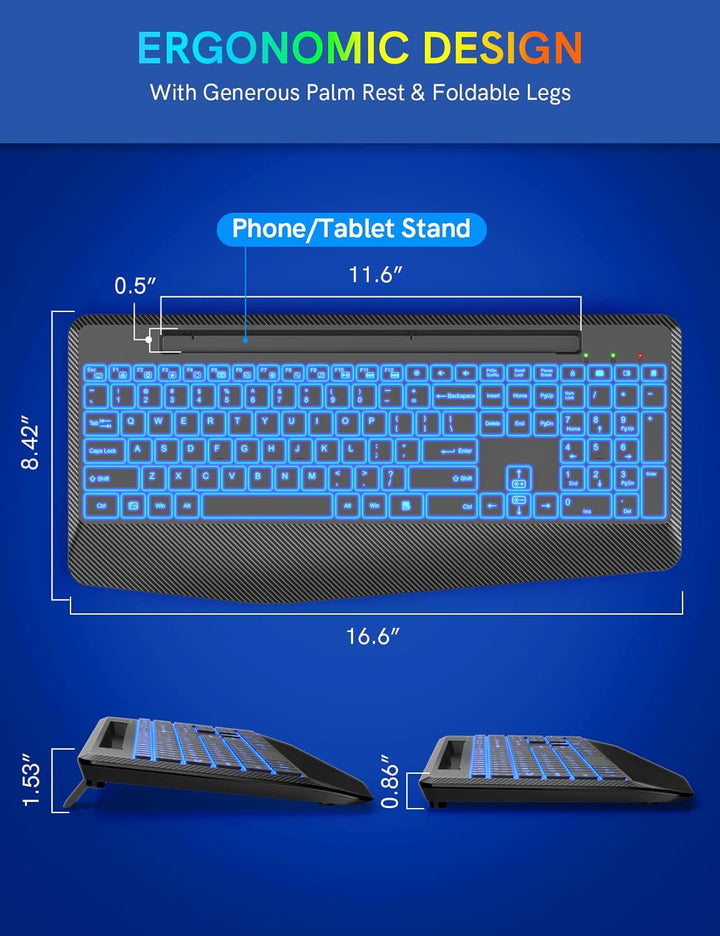 Teclado inalámbrico con 7 retroiluminaciones de colores, reposamuñe...