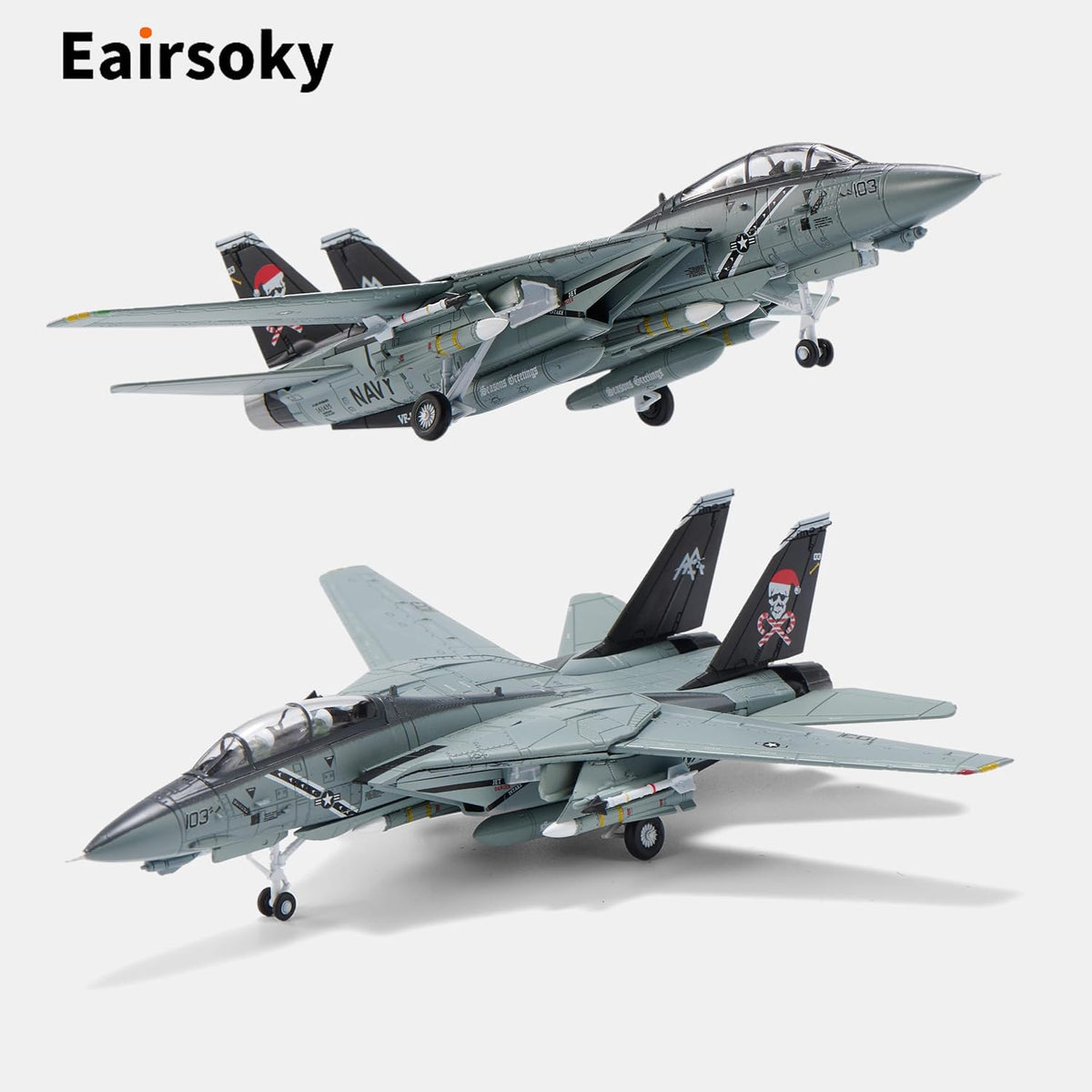 Escala 1:100 F-14 Tomcat Modelo de fundición a presión Santa Cats Christmas F-14B Tomcat Cazas-Bombarderos de VF-103 Jolly Rogers Modelos de aviones metálicos para colección o regalo