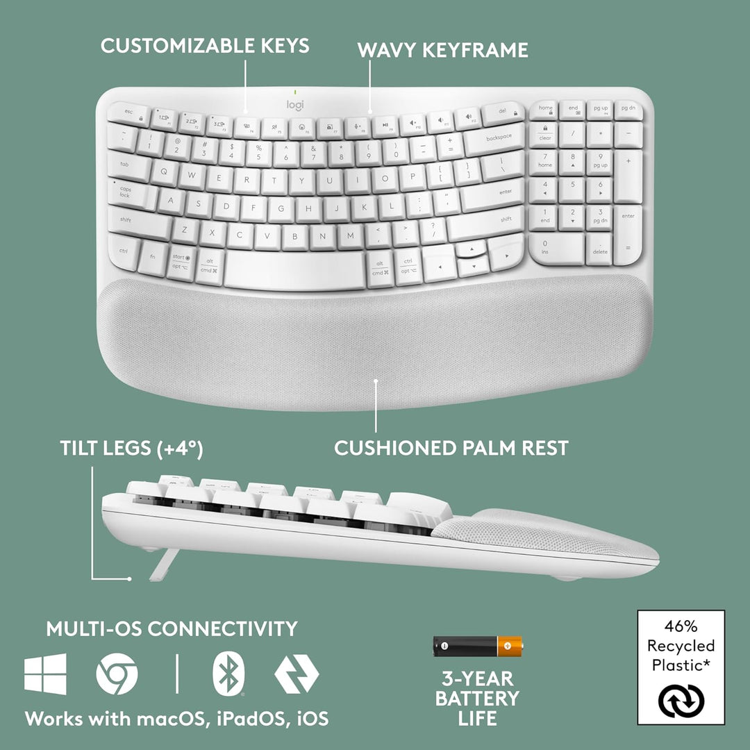 Logitech Wave Keys Teclado Inalámbrico Ergonómico con Reposamuñecas...