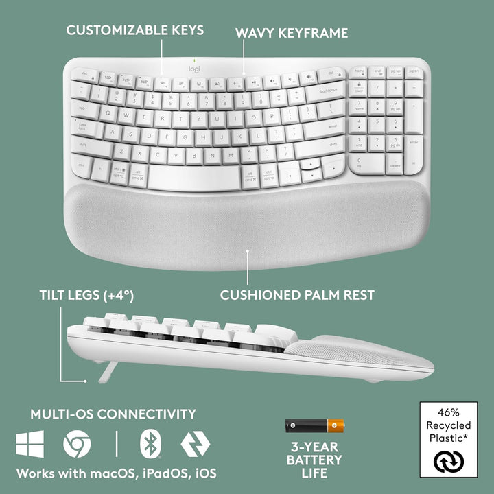 Logitech Wave Keys Teclado Inalámbrico Ergonómico con Reposamuñecas...