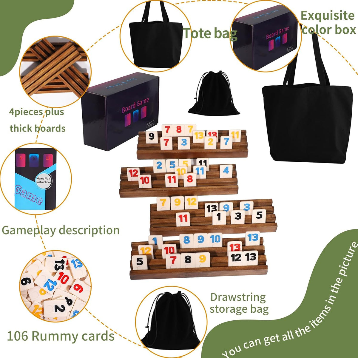 Rummy Cube Game Original - Juego de Cubos Rummy para 2-4 Jugadores con 106 Fichas y 4 Soportes de Madera - Juegos de Mesa Clásicos para Familia y Fiesta