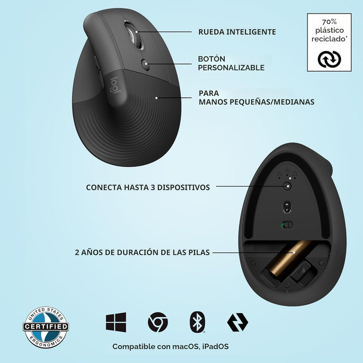 Logitech Lift - Mouse ergonómico vertical, inalámbrico, Bluetooth o...