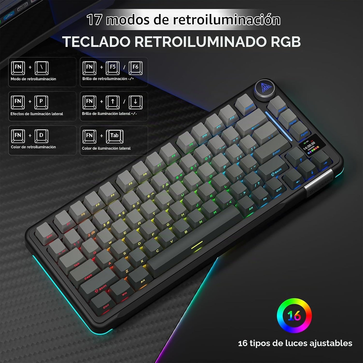 SOLAKAKA Teclado mecánico A75pro-ALL 75% con pantalla (gris degrada...