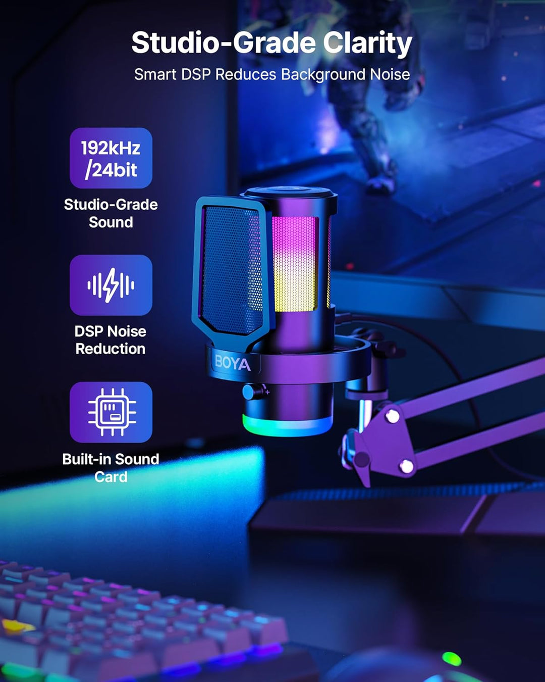 BOYA Micrófono USB para juegos con brazo de brazo, 192 kHz\/24 bits...
