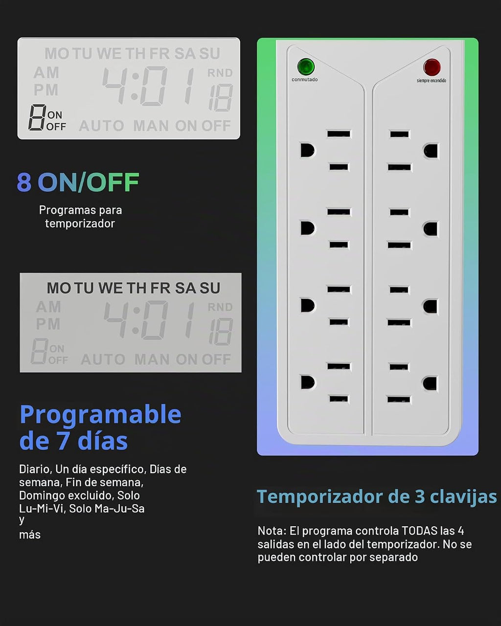BN-LINK Protector de sobretensión de 8 salidas con temporizador digital de 7 días (4 salidas temporizadas, 4 salidas siempre encendidas) - Blanco