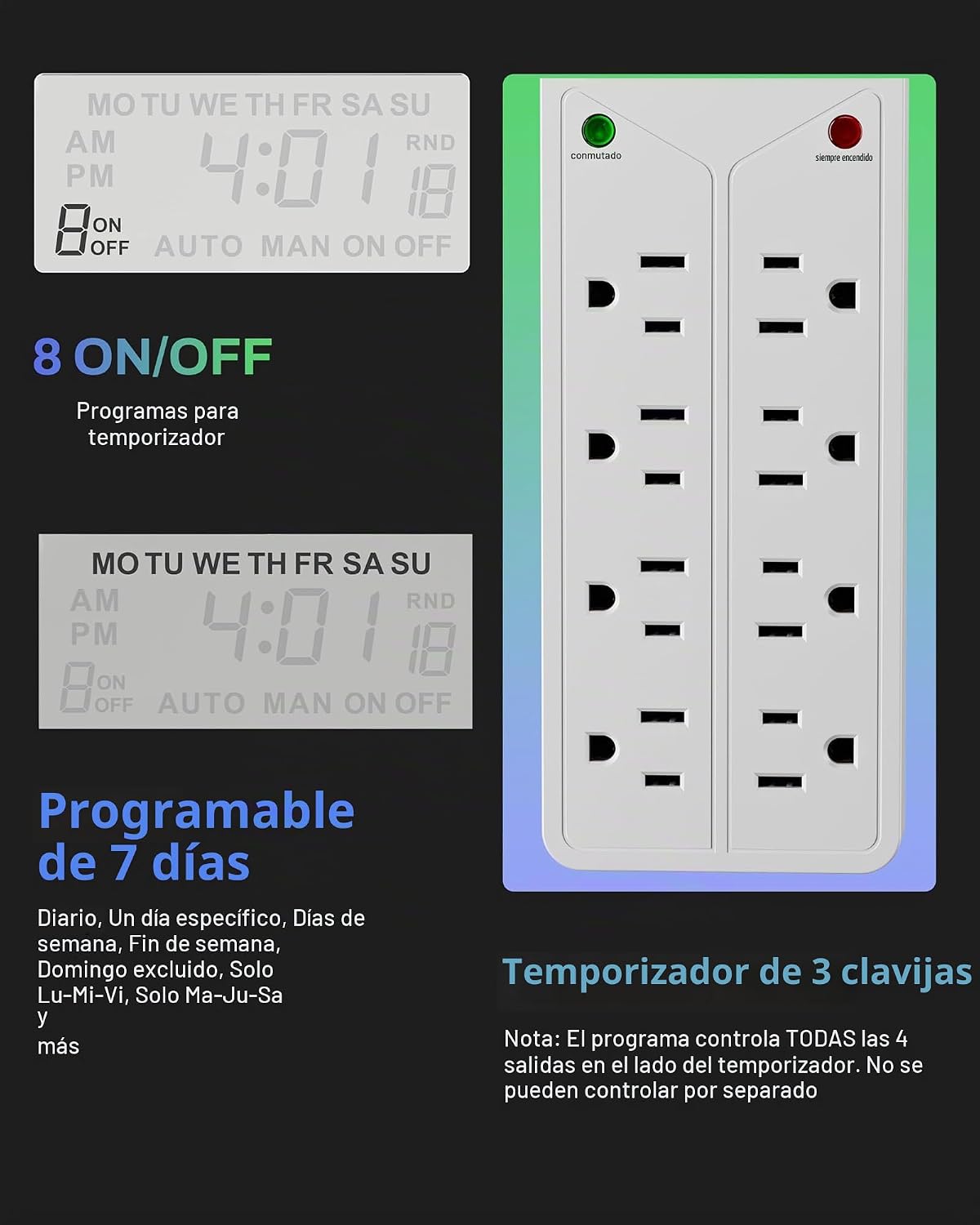 BN-LINK Protector de sobretensión de 8 salidas con temporizador digital de 7 días (4 salidas temporizadas, 4 salidas siempre encendidas) - Blanco