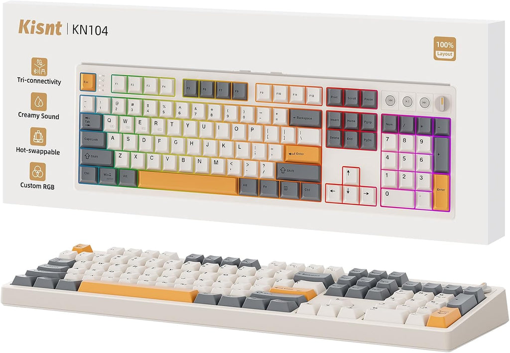 Kisnt KN104 Teclado mecánico inalámbrico, 100% tamaño completo con perilla, Bluetooth/2.4GHz/USB-C, retroiluminación RGB personalizada, interruptor lineal intercambiable en caliente