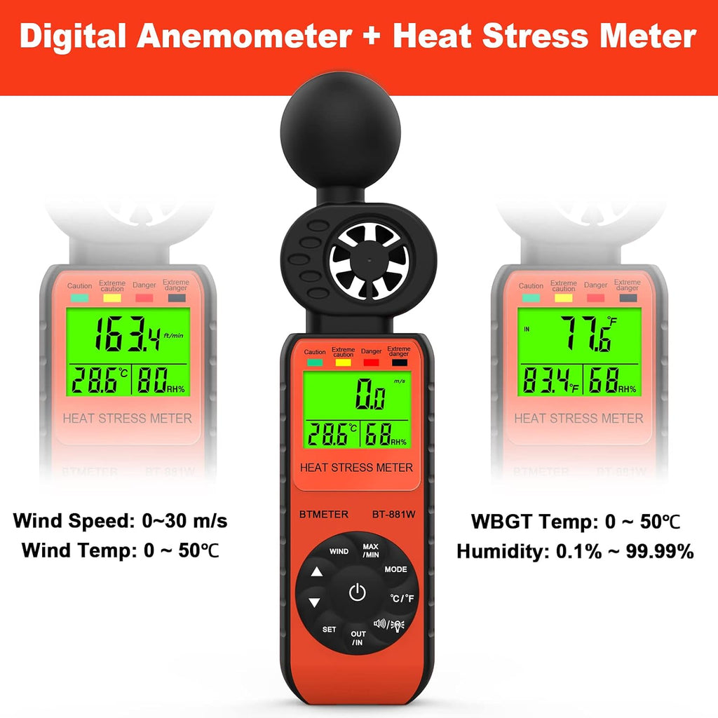 BTMETER BT-881W - Anemómetro medidor de estrés térmico, medidor digital para interiores y exteriores WBGT (temperatura de globo de bulbo húmedo) con velocidad del viento, temperatura ambiente, probador de humedad