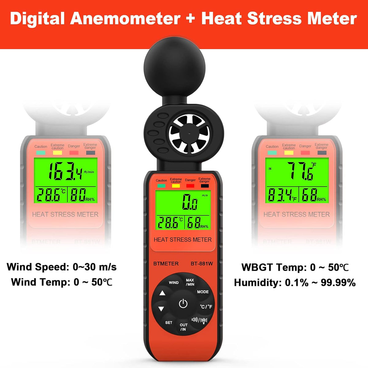 BTMETER BT-881W - Anemómetro medidor de estrés térmico, medidor digital para interiores y exteriores WBGT (temperatura de globo de bulbo húmedo) con velocidad del viento, temperatura ambiente, probador de humedad